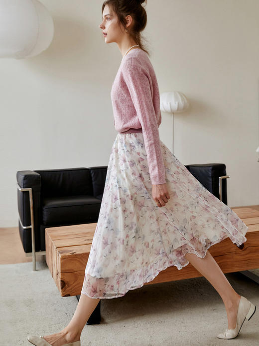 欧芮儿碎花半身裙女2021新款高腰显瘦中长款小个子雪纺大摆裙 商品图2