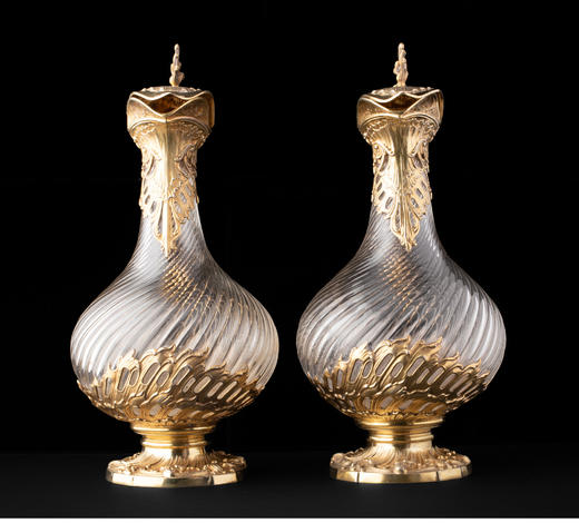 独角鹿西洋古董摆件法国Boulenger工坊纯银镀金水晶雕花酒壶一对 商品图3