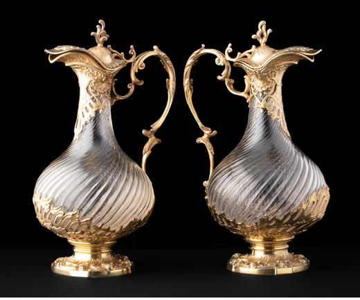 独角鹿西洋古董摆件法国Boulenger工坊纯银镀金水晶雕花酒壶一对 商品图1