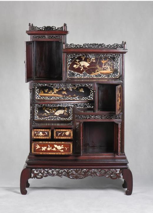 独角鹿西洋古董家具日本明治时期传统花鸟芝山镶嵌多宝阁立柜 商品图3