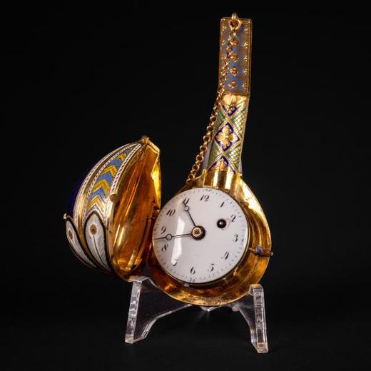 独角鹿西洋古董瑞士18K金彩色珐琅曼陀铃造型芝麻链装置机芯怀表 商品图0