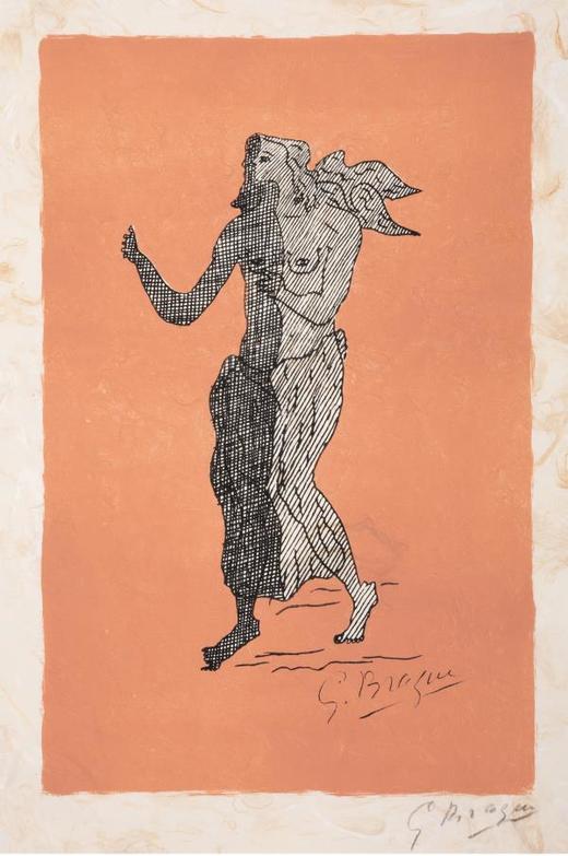 独角鹿西洋古董法国画家乔治·布拉克签名石版画粉色背景中的人物 商品图1