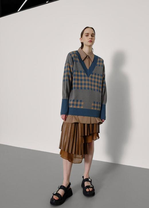 V领格纹针织上衣 商品图2