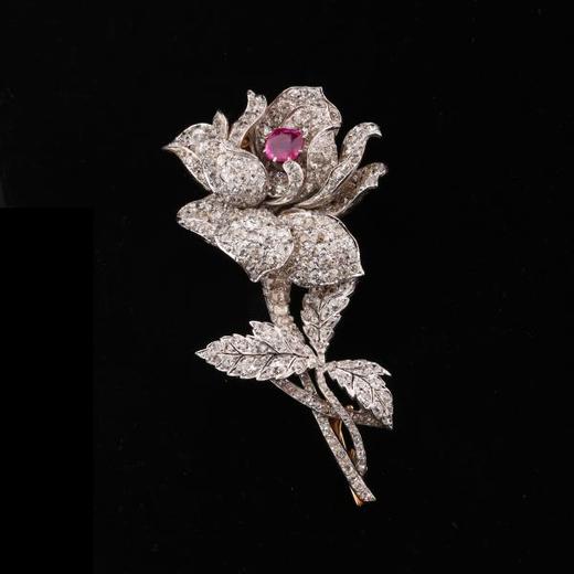 独角鹿西洋古董珠宝欧洲纯银镶嵌缅甸无烧粉色蓝宝石钻石花卉胸针 商品图4