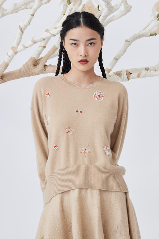 圆领刺绣羊绒针织套衫 SJF93W162N 商品图2