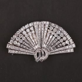 独角鹿西洋古董珠宝首饰英国DRAYSON扇子造型钻石双夹胸针
