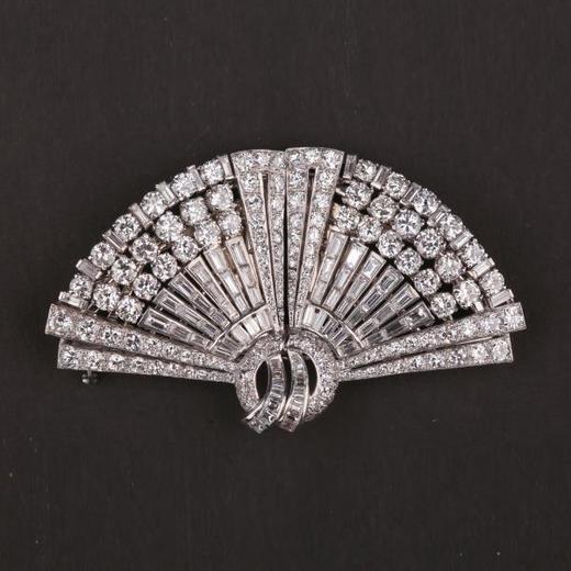 独角鹿西洋古董珠宝首饰英国DRAYSON扇子造型钻石双夹胸针 商品图0