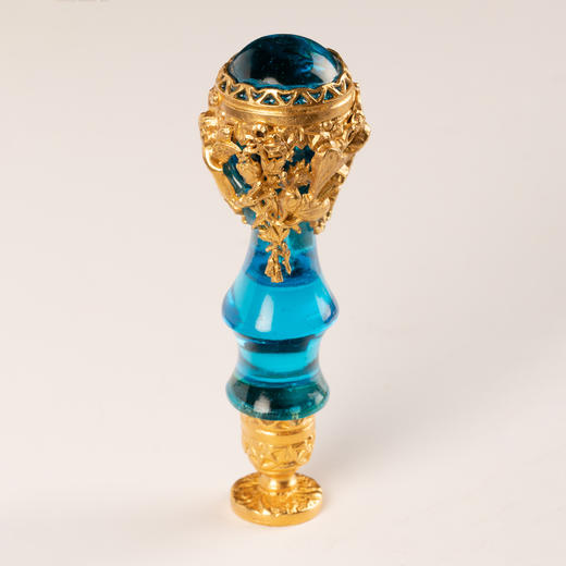 独角鹿西洋古董法国拿破仑三世时期铜鎏金镂空雕花蓝水晶火漆印章 商品图0