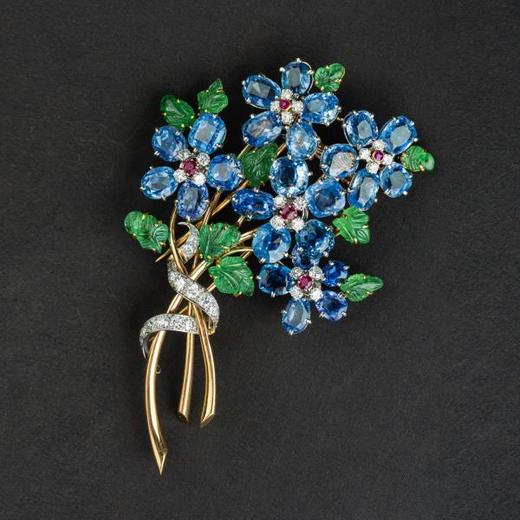独角鹿西洋古董珠宝欧洲镶嵌蓝宝石钻石祖母绿红宝石花束造型胸针 商品图4