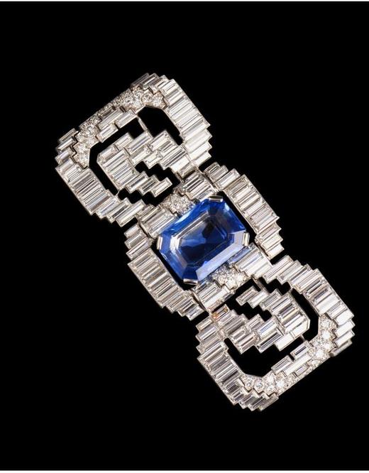 独角鹿西洋古董珠宝法国铂金镶钻石斯里兰卡无烧蓝宝石蝴蝶结胸针 商品图2