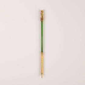 独角鹿西洋古董法国拿破仑三世时期铜鎏金镂空雕饰绿水晶蘸水笔