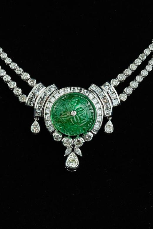 独角鹿西洋古董珠宝欧洲铂金镶嵌钻石哥伦比亚祖母绿公主型项链 商品图2