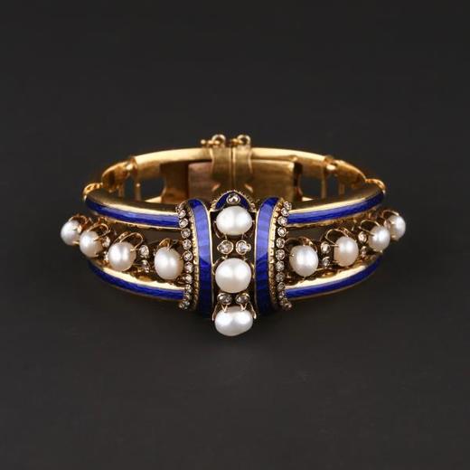 独角鹿西洋古董珠宝首饰法国珐琅饰镶嵌天然珍珠钻石手链手镯 商品图0