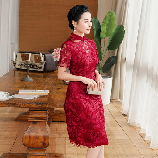 上海旗袍厂TZRY-蕾丝短款新款优雅婚礼喜婆婆礼服 时尚大气刺绣蕾丝改良旗袍连衣裙 商品图2