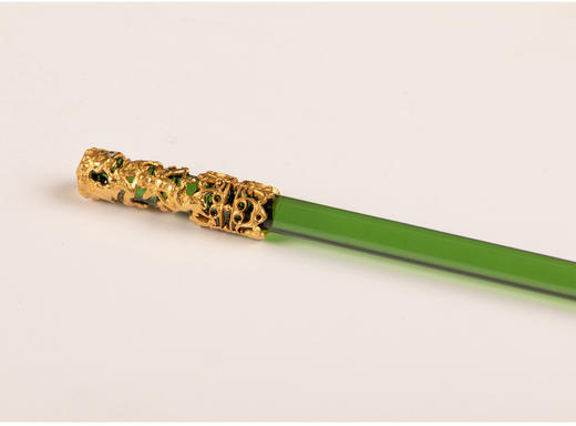 独角鹿西洋古董法国拿破仑三世时期铜鎏金镂空雕饰绿水晶蘸水笔 商品图2