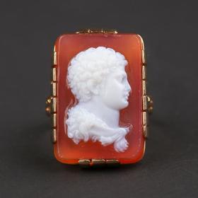 独角鹿西洋古董首饰法国18K黄金镶古代人物像玛瑙cameo卡梅奥戒指