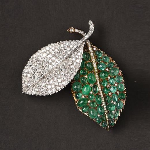 独角鹿西洋古董首饰珠宝法国铂金镶嵌祖母绿钻石双叶造型胸针 商品图4