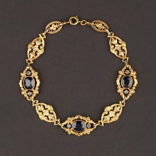 独角鹿西洋古董珠宝首饰1890年代法国18K金镶嵌蓝宝石手链 商品图0