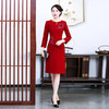 上海旗袍厂TZRY-4秋季新款红色短中式圆领长款长袖金丝绒短袖成人复古旗袍 商品缩略图1