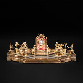 独角鹿西洋古董法国纯银镀金粉色珐琅钟表雕刻宫廷花园造型墨水台