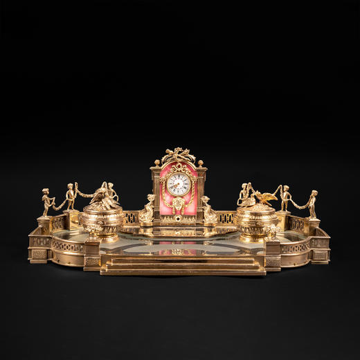 独角鹿西洋古董法国纯银镀金粉色珐琅钟表雕刻宫廷花园造型墨水台 商品图0