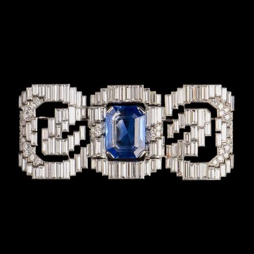 独角鹿西洋古董珠宝法国铂金镶钻石斯里兰卡无烧蓝宝石蝴蝶结胸针 商品图4