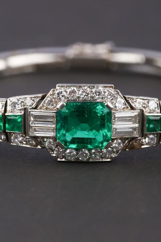 独角鹿西洋古董珠宝首饰欧洲铂金镶嵌钻石哥伦比亚祖母绿手链手镯 商品图3