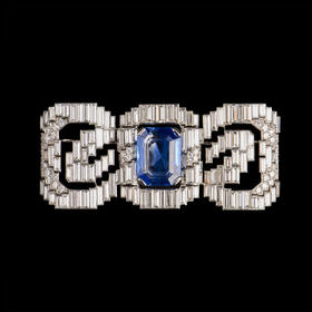 独角鹿西洋古董珠宝法国铂金镶钻石斯里兰卡无烧蓝宝石蝴蝶结胸针