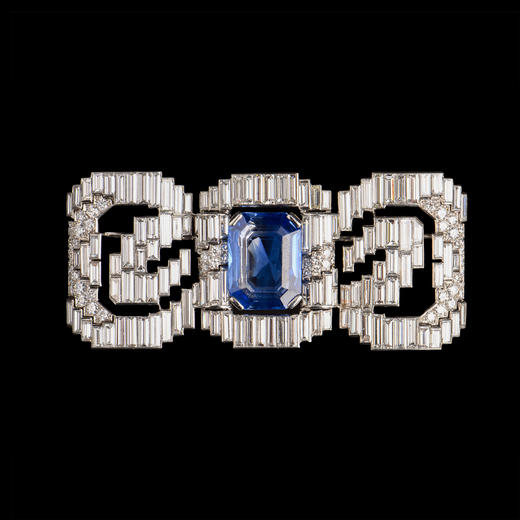 独角鹿西洋古董珠宝法国铂金镶钻石斯里兰卡无烧蓝宝石蝴蝶结胸针 商品图0