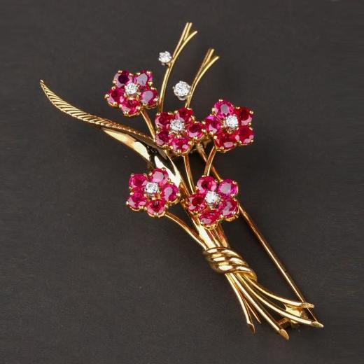 独角鹿西洋古董18K金镶钻石红宝石花束造型胸针耳环套装 商品图3