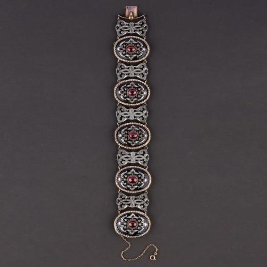 独角鹿西洋古董法国FROMENT MEURICE黄金纯银石榴石珐琅手链手镯 商品图4