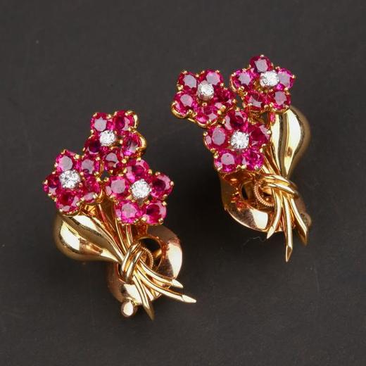 独角鹿西洋古董18K金镶钻石红宝石花束造型胸针耳环套装 商品图4