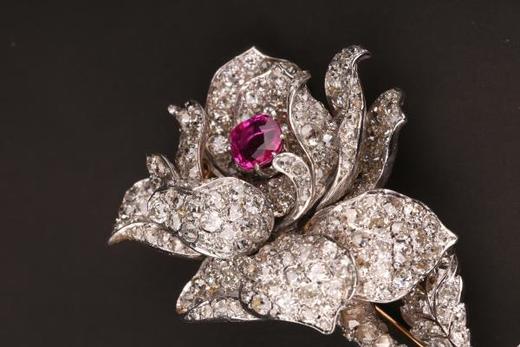 独角鹿西洋古董珠宝欧洲纯银镶嵌缅甸无烧粉色蓝宝石钻石花卉胸针 商品图3