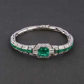 独角鹿西洋古董珠宝首饰欧洲铂金镶嵌钻石哥伦比亚祖母绿手链手镯