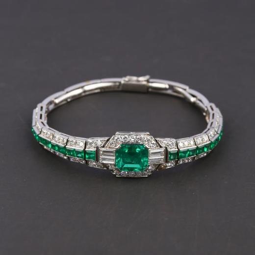独角鹿西洋古董珠宝首饰欧洲铂金镶嵌钻石哥伦比亚祖母绿手链手镯 商品图0