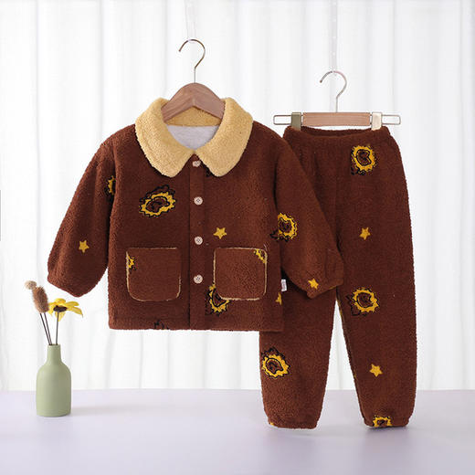 【双层护肚设计 保暖锁温】冬季儿童法兰绒睡衣套装女童家居服双面加绒加厚小童云朵绒两件套 商品图6