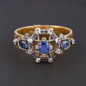 独角鹿西洋古董珠宝首饰法国18K金镶嵌钻石无烧蓝宝石手镯手链