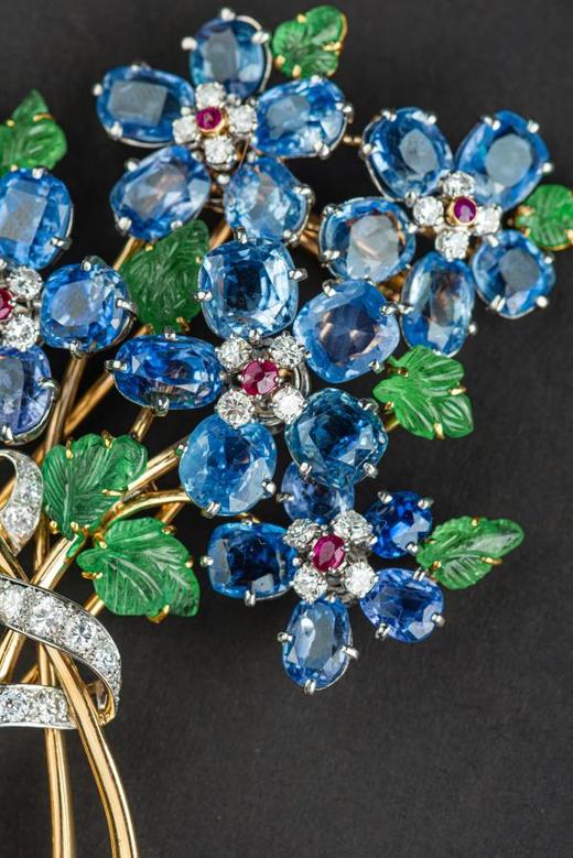 独角鹿西洋古董珠宝欧洲镶嵌蓝宝石钻石祖母绿红宝石花束造型胸针 商品图1