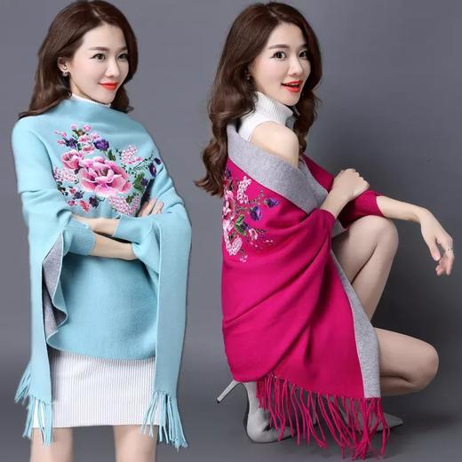 TZW-双面可穿宽松流苏斗篷披风牡丹花披肩 商品图1