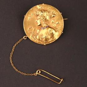 独角鹿西洋古董法国新艺术风格18K金镶嵌钻石雕塑女士头像胸针