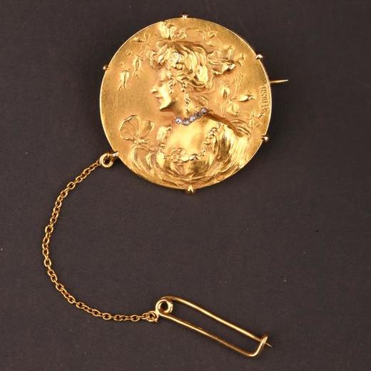 独角鹿西洋古董法国新艺术风格18K金镶嵌钻石雕塑女士头像胸针 商品图0