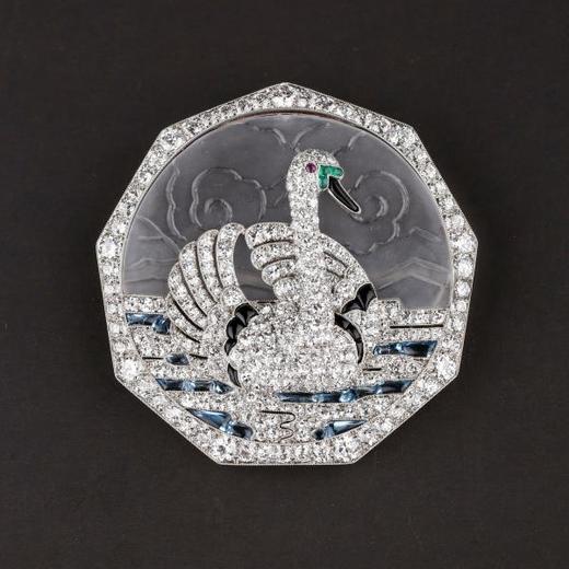独角鹿西洋古董铂金镶嵌钻石天然水晶祖母绿红宝石海蓝宝天鹅胸针 商品图0