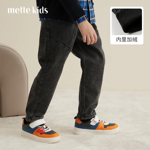 【加厚加厚拼接黑色牛仔裤】mettekids秋冬童装休闲裤时尚拼接加厚加绒保暖裤 商品图0