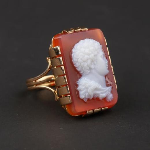 独角鹿西洋古董首饰法国18K黄金镶古代人物像玛瑙cameo卡梅奥戒指 商品图1
