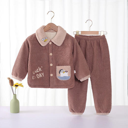 【双层护肚设计 保暖锁温】冬季儿童法兰绒睡衣套装女童家居服双面加绒加厚小童云朵绒两件套 商品图2