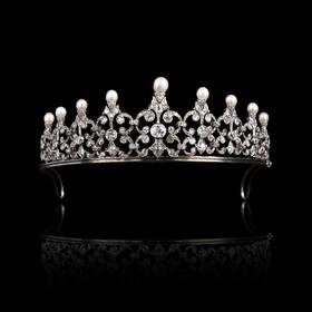 独角鹿西洋古董珠宝首饰1890年代欧洲金银叠打镶嵌钻石珍珠冠冕