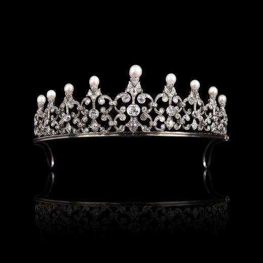 独角鹿西洋古董珠宝首饰1890年代欧洲金银叠打镶嵌钻石珍珠冠冕 商品图0