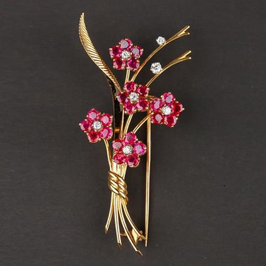 独角鹿西洋古董18K金镶钻石红宝石花束造型胸针耳环套装 商品图1