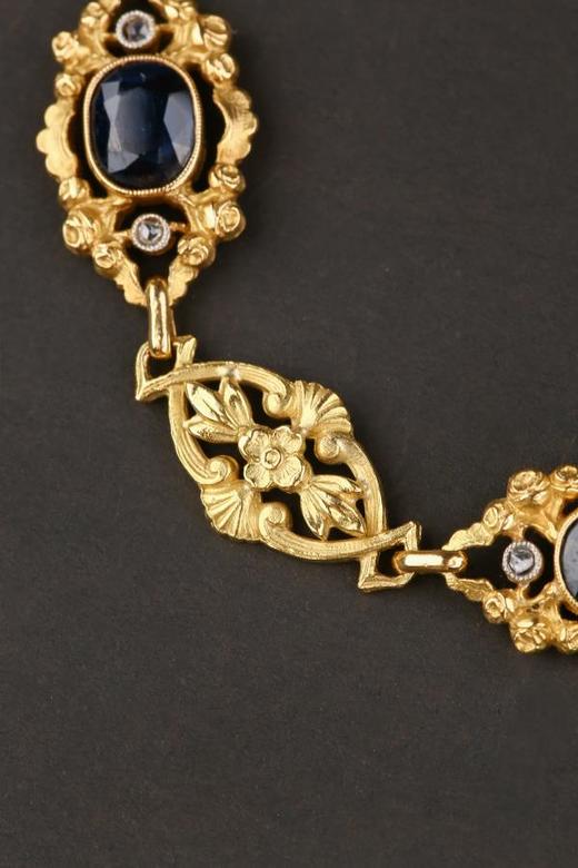 独角鹿西洋古董珠宝首饰1890年代法国18K金镶嵌蓝宝石手链 商品图2