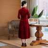 上海旗袍厂TZRY-压花绒旗袍气质暗红显瘦压花绒旗袍连衣裙 遮肚子伞裙秋冬季日常宴会连衣裙 商品缩略图3